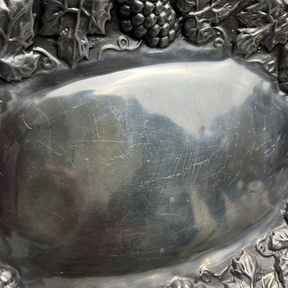 VTG Mexican Pewter Grape & Vine Silver Tray Platter  Large Holiday Serverware - Picture 5 of 12